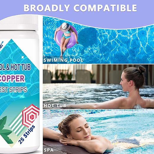 Copper Test Strips for Pool Water: 25 Counts Pool Copper Test Kit for Testing Range 0-2 ppm Copper in Swimming Pool Hot-Tub Spa - Pool Metal Test Kit for Above-Ground and Inground Pool Testing Copper