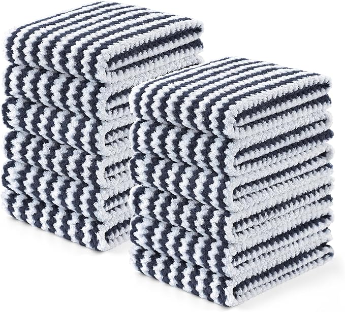 Homaxy Kitchen Towels(12 Pack, 10 x 20 inches), Ultra Soft and Absorbent Dish Towels, Reusable Fast Drying Microfiber Cleaning Cloth, Coral Velvet Wave Design No-lint, Dark Grey