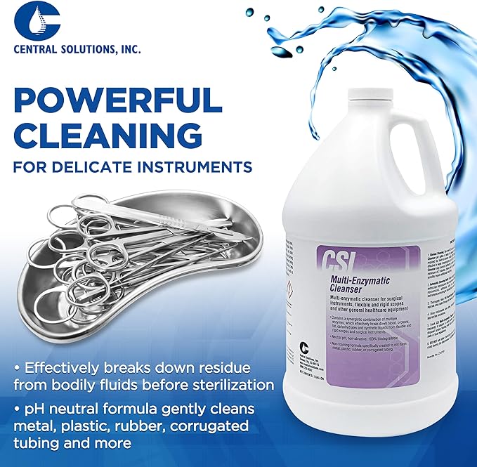 CSI Central Solutions Multi Enzymatic Cleanser - Hospital Grade Medical Instrument Cleaner for Presoak and Manual Processing, 1 Gal