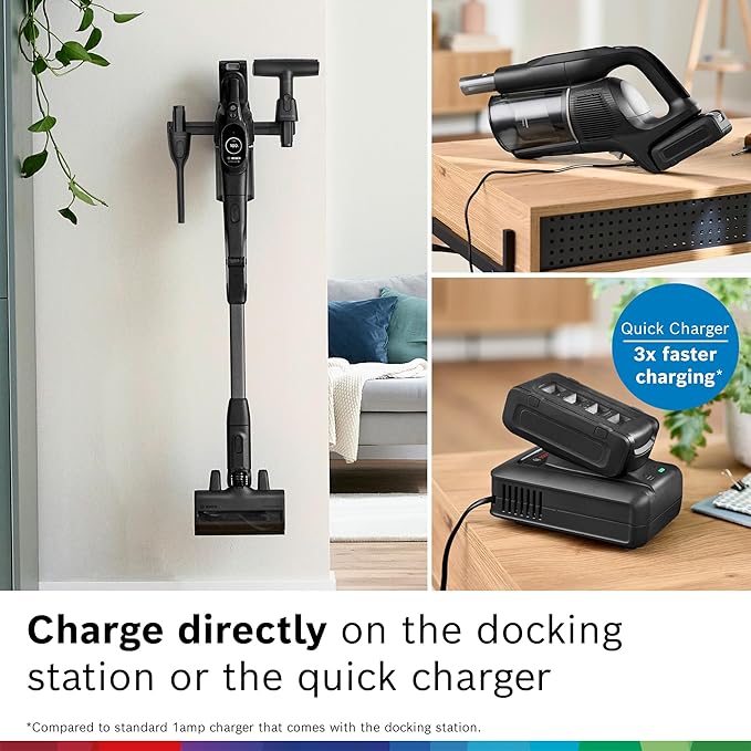 Bosch Unlimited 10 Cordless Stick Vacuum, Up to 80-Min Runtime, 90° Flex Tube, Fast Charger, MicroClean, >99.9% Dust Pick-up, HEPA Filter, Pet Hair, Carpets & Hard Floors, 6 Accessories, Black