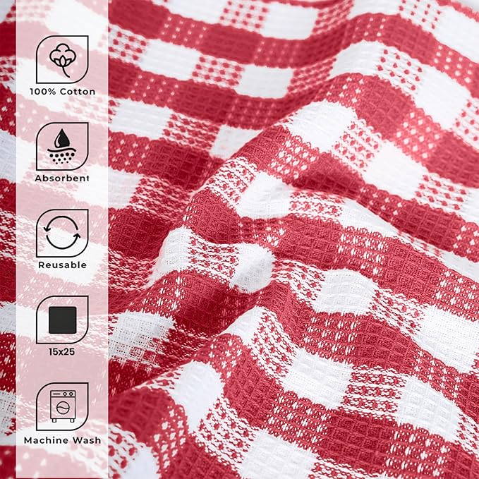 Blue Needles Waffle Weave Check Plaid Kitchen Towels, 15x25 Inches 100% Cotton Set of 6 Dish Towels for Kitchen, Soft & Absorbent for Quick Drying with Hanging Loop Spring Summer - Burgundy & White