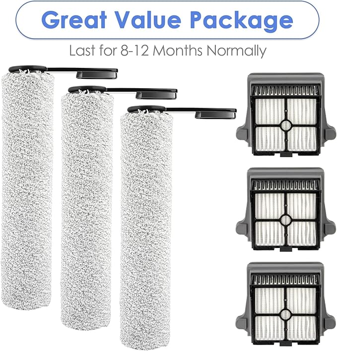 【Only for Version 1, ROLLER HANDLE NOT DETACHABLE】(6 Pack) Brush Rollers and HEPA Filters for Tineco Floor ONE S7 PRO/ONE S6 Smart Cordless Wet Dry Vacuum Cleaner, 3 HEPA Filters, 3 Brush Rollers
