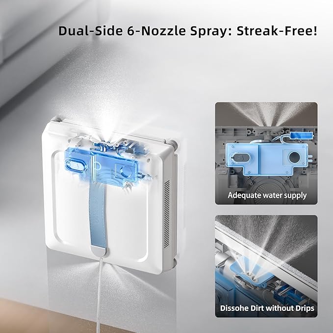 Window Cleaning Robot - Patented DualFore Tech, Turbo Roller Brush + Microfiber Pad Combo Cleaning, 6 Wide-Angle Spray Nozzles, AI Nav, Multi-Layer Safety, App/Remote Control