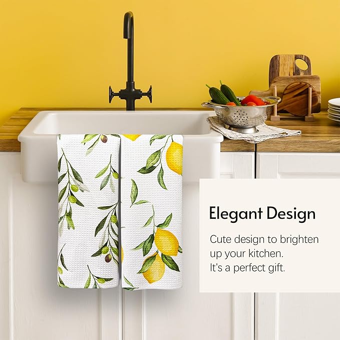 Kitchen Towels, Premium Dish Towels for Kitchen Drying, 18" x 30" Microfiber Kitchen Towel Set, Quick Dry Tea Towels, Watercolor Lemon Series, 2-Pack