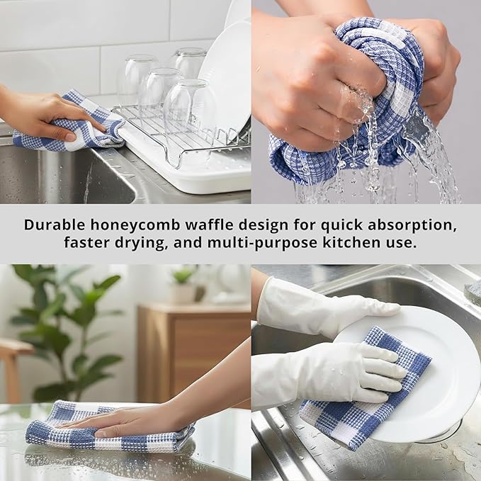 PurpleEssences Waffle Weave Plaid Dish Cloths, 100% Cotton, 12x12 Inch, Soft Absorbent Quick Drying Buffalo Check Dish Rags for Kitchen, 8 Pack, Christmas Holiday Winter - Smoky Grey and White