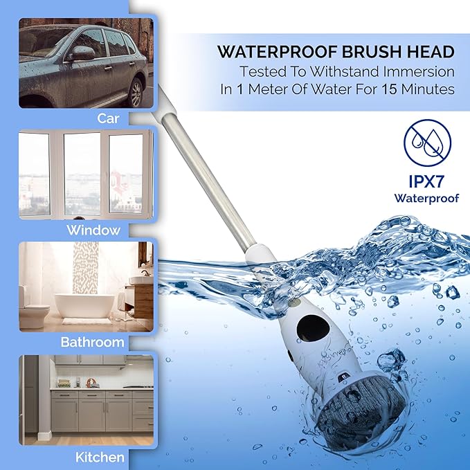 Electric Spin Scrubber, Cordless Power Brush with 8 Multi-Functional Heads, 3 Adjustable Speeds, IPX7 Waterproof, LED Display, Long Handle (13.8"-51"), Perfect for Bathroom, Tile, Kitchen, Car