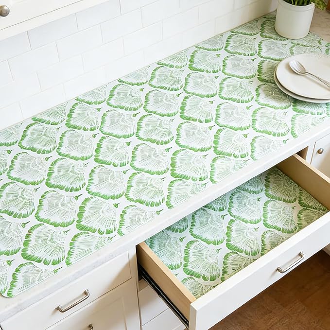 Drawer and Shelf Liner - Green Banana Leaf Pattern,Non Adhesive Non Slip Waterproof Easy-Clean Liner for Kitchen Cabinet, Refrigerator, Bathroom, Pantry Storage Drawers, 17 in x 30 Ft.
