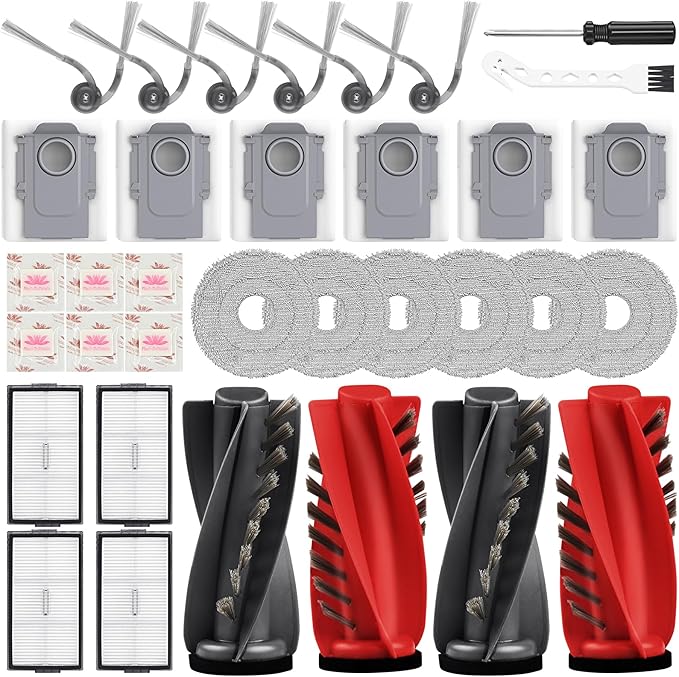 Replacement Kit for Roborock Saros 10R/saros 20 Robot Vacuum, 4 Main Brushes, 4 Filters, 6 Mop Pads, 6 Dust Bags & Scented Tablets, 6 Side Brushes, 1 Cleaning Brush, 1 Screwdriver
