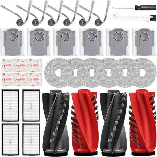 Replacement Kit for Roborock Saros 10R/saros 20 Robot Vacuum, 4 Main Brushes, 4 Filters, 6 Mop Pads, 6 Dust Bags & Scented Tablets, 6 Side Brushes, 1 Cleaning Brush, 1 Screwdriver