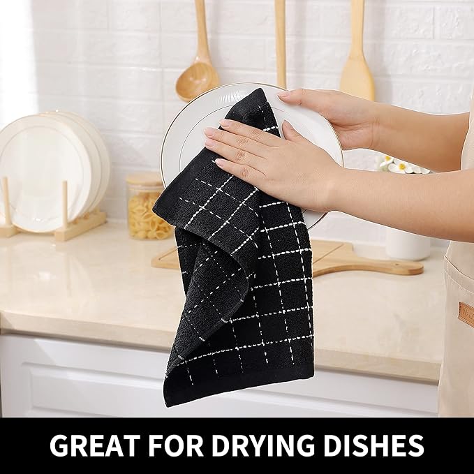 Homaxy 100% Cotton Terry Kitchen Dish Cloths, Ultra Soft and Absorbent Dish Towels for Kitchen, Suitable for Drying and Washing Dishes, 24 Pack, 12 x 12 Inches, Black