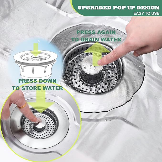 Kitchen Sink Drain Strainer 3 in 1, 304 Stainless Steel Pop Up Sink Stopper, Anti-Clogging Sink Stopper, Kitchen Drain Catcher, Sink Strainer for US Standard (Silver 2#)