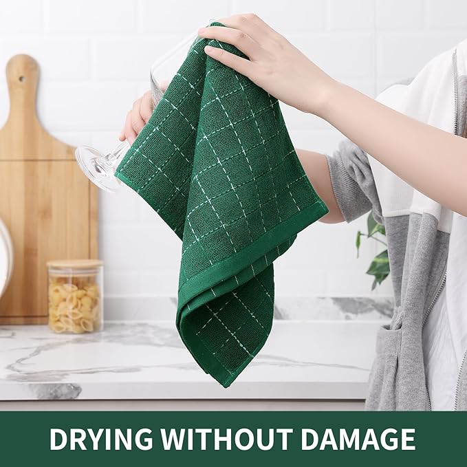 Homaxy 100% Cotton Terry Kitchen Towels(Dark Green, 13 x 28 inches), Checkered Designed, Soft and Super Absorbent Dish Towels, 4 Pack