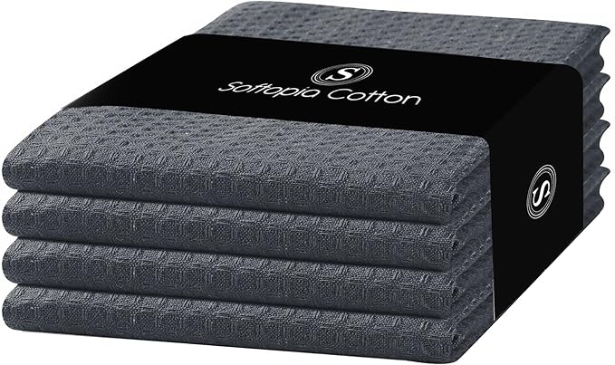 Gray Waffle Kitchen Dish Towels, 100% Cotton, Quick Dry, Super Absorbent, Soft, 16x26 Inches - Ideal for Dish Drying, Bar, Tea, Cleaning, and Everyday Use, 4 Pack, Grey