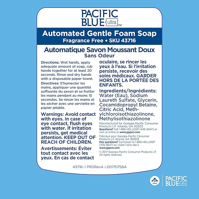 Pacific Blue Ultra Gentle Foam Hand Soap Refill (43716), Compatible Only With Pacific Blue Ultra Automated Touchless Dispenser, Dye and Fragrance Free, 40.5 FL OZ Per Refill, 3 Refills Per Case