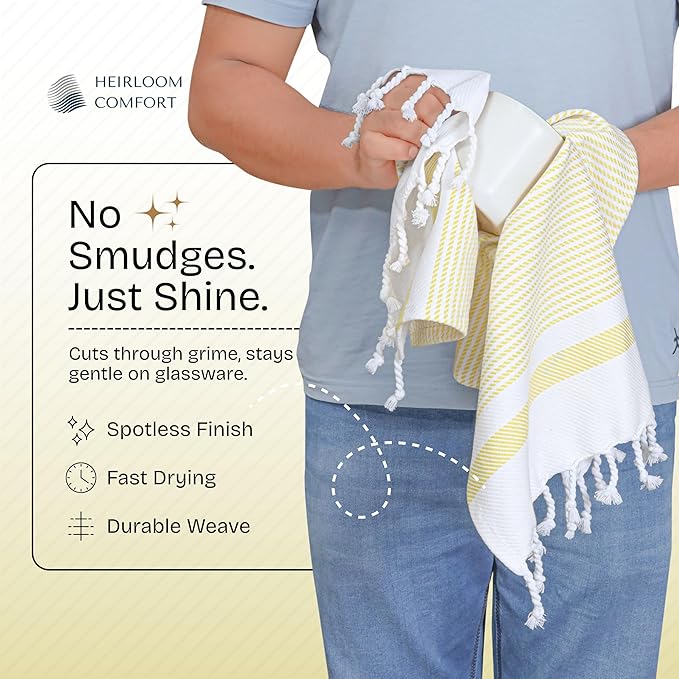 3 Pack Lemon Yellow Turkish Kitchen Towels 16"x26", 100% Cotton, Ultra Absorbent, Soft, Quick Dry, Washable, Dish Tea Towel with Tassels for Drying Dishes, Cleaning, Kitchen Use