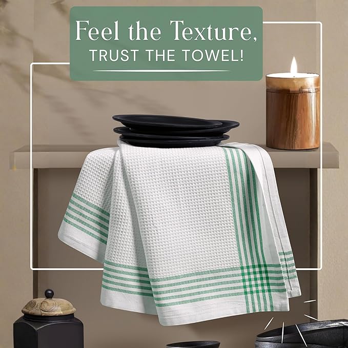 Waffle White & Dark Green Kitchen Towels 12 Pack, 100% Cotton, 16x26 inches, Super Absorbent Tea Towel for Drying Dishes, Quick Drying Kitchen Cloth Set for Daily Cooking, Cleaning