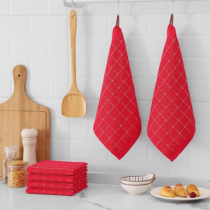 Mordimy 100% Cotton Terry Cloth Dish Cloths, Soft and Absorbent Checkered Dish Towels, Quick Drying Dish Rags for Washing Dishes, 8 Pack, 12 x 12 Inches, Red