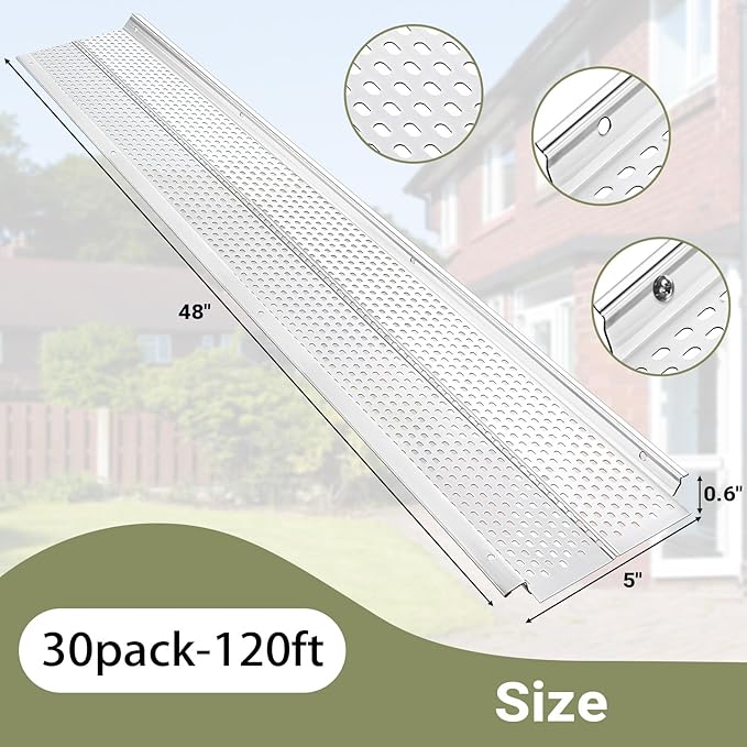 Gutter Guard, 5 inch Aluminum Gutter Guards, 30Pack-120ft, DIY Leaf Guards Protection for Gutters, 5" Rain Gutter Screen for Downspouts & Roof, Prevents Clogs & Debris, with Screws