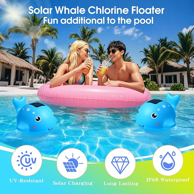 Blufree Pool Chlorine Floater, Solar Chlorine Tablet Floater w/Adjustable Release, Glow in The Dark Large Capacity Whale Floating Chlorines Dispenser for Pool Hot Tub Spa Fits 3 Inch Tabs