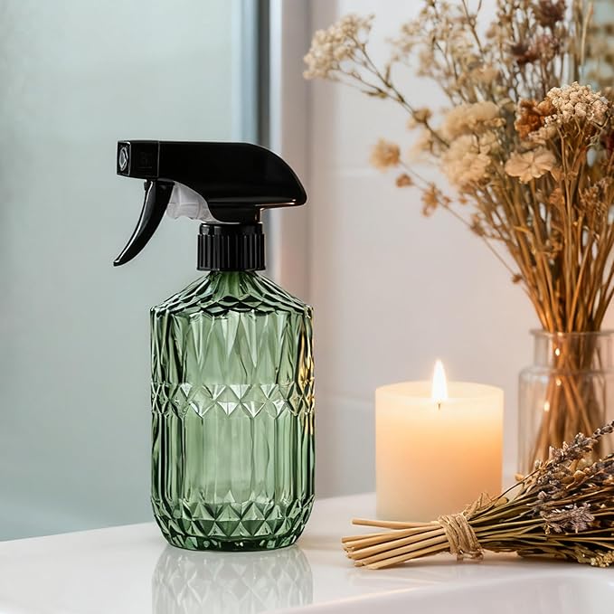 Glass Handheld Spray Bottle, 15oz Refillable Water Bottle Spray, Reusable Adjustable Nozzle Plant Mister Spray Bottles Indoor, Plant Mister for Hair, Cleaning, Gardening, Pets Care (Green)