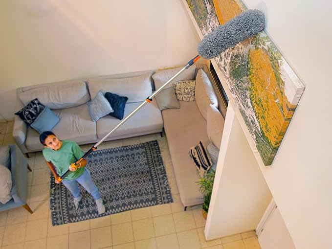 30 Foot High Reach Duster Kit with 5-24 ft Extension Pole // High Ceiling Dusting and Window Cleaning Kit with Telescopic Pole // Window Washer & Squeegee, Cobweb Duster, Fan Blade and Feather Duster