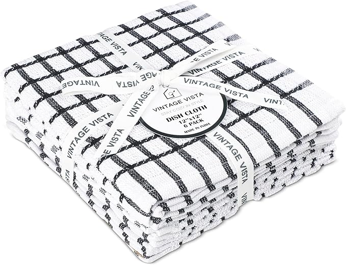 Vintage Vista 100% Cotton Dish Cloths (Pack of 6) - Dish Rags for Washing Dishes - Reusable & Highly Absorbent Kitchen Towels - Kitchen Rags for Christmas - (12" x 12" - Black Checkered)