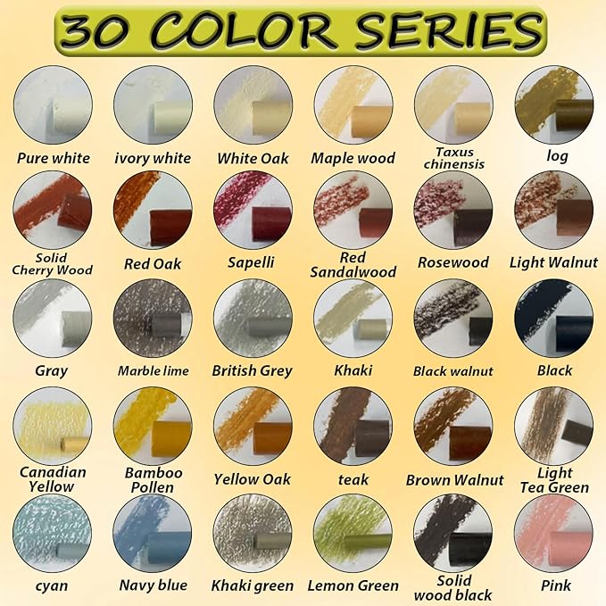 30+2p Wood Filler Sticks - 30 Colors Wood Markers Furniture Repair Wax Crayons with 2 Scrapers, Furniture Touch Up Markers Kit for Repairing Cabinets, Floors &Furniture, Color Series