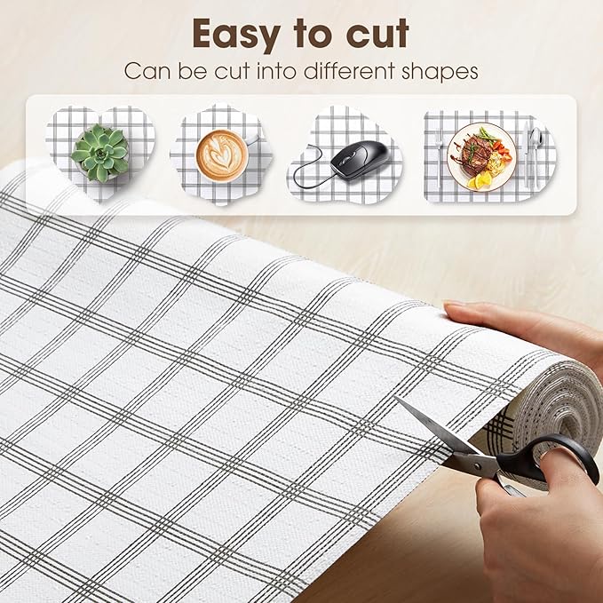 Drawer and Shelf Liner, Non-Slip Kitchen Cabinet Liners Non-Adhesive Thick Strong Grip Waterproof Washable Mats Protect Dresser Shelves Cupboard Bathroom Cabinets, White Stripes, 24IN X 30FT
