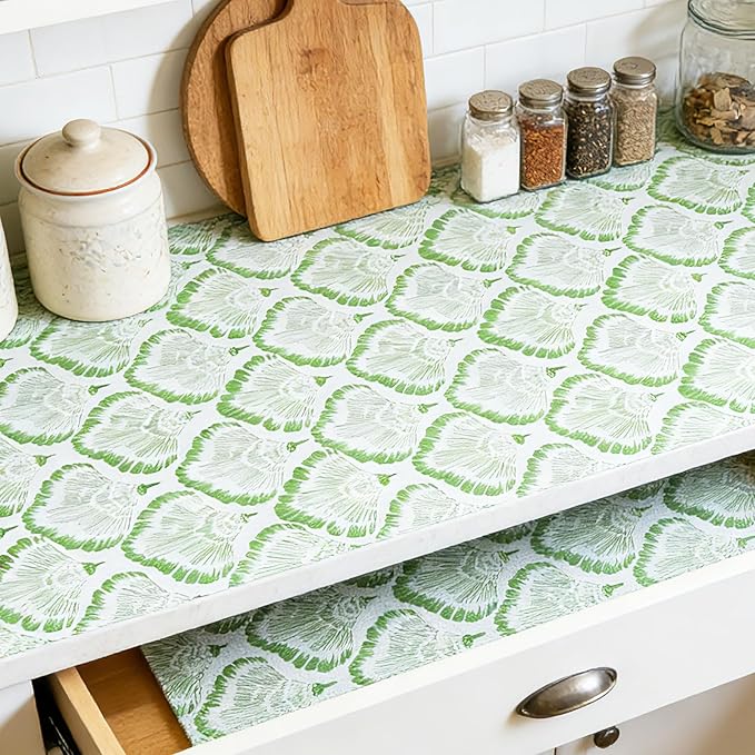 Drawer and Shelf Liner - Green Banana Leaf Pattern,Non Adhesive Non Slip Waterproof Easy-Clean Liner for Kitchen Cabinet, Refrigerator, Bathroom, Pantry Storage Drawers, 12 in x 20 Ft.