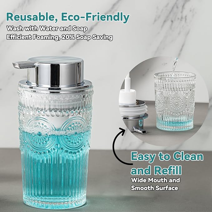 Glass Foaming Soap Dispenser - Foam Hand Soap Dispenser Bathroom, 10 OZ Clear Refillable Liquid Dispenser for Kitchen Dish Dispenser Foam Pump Silver