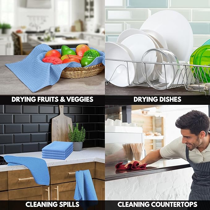 Sky Blue Kitchen Dish Towels Set of 12-100% Cotton Waffle Weave, Super Absorbent, Soft, Quick Drying, 16x26 Inches, Ideal for Cleaning, Bar, Tea, and Everyday Use, Light Blue