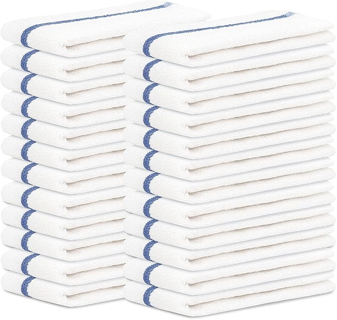 Bar Mops Blue Stripe Pack of 24 Kitchen Towels 16x19 Multi-Purpose for Home, Restaurant and Cleaning White Absorbent Washcloth Dishcloths Sets, Reusable Dish, Cloths Rags