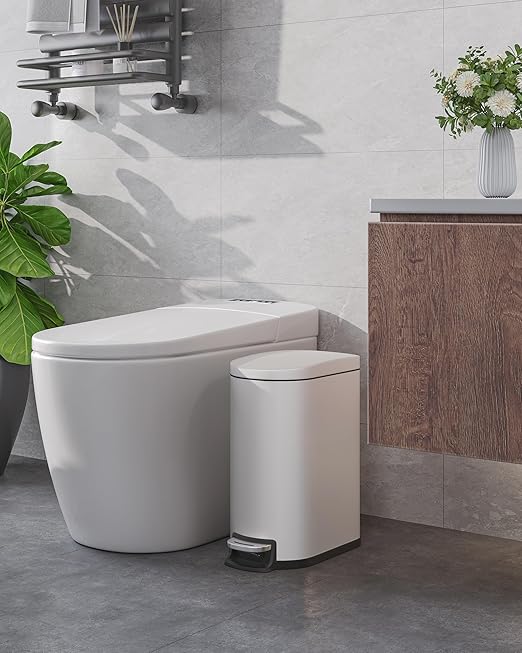 Garvee 2.6 gal / 10 L Metal Bathroom Trash Can with Lid, Slim Waterproof Garbage Can for Bedroom, Small Step-on Trash Bin with Inner Bucket, Rear Handle, Soft Close Lid, White