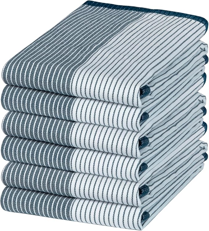 Premium Kitchen Towels (20”x 28”, 6 Pack) | Yarn Dyed Flat Woven Stripe Kitchen Towel Set| 238 GSM | Highly Absorbent with Hanging Loop | Blue