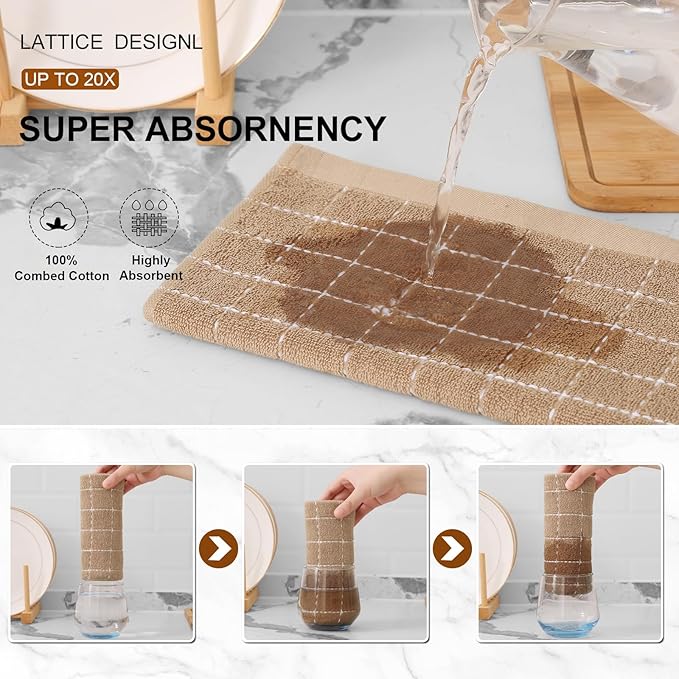 Mordimy 100% Cotton Terry Cloth Kitchen Towels, Super Soft and Absorbent Dish Towels for Drying, Checkered Designed Hand Towels for Kitchen, 16 x 26 Inches, 8 Pack, Tan