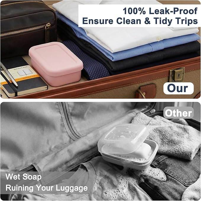 Leak Proof Silicone Travel Soap Case with Draining Tray - Bar Soap Holder for Travel, Gym & Camping - Mess-Free Portable Soap Container for Carry-on Bags (Light Pink)