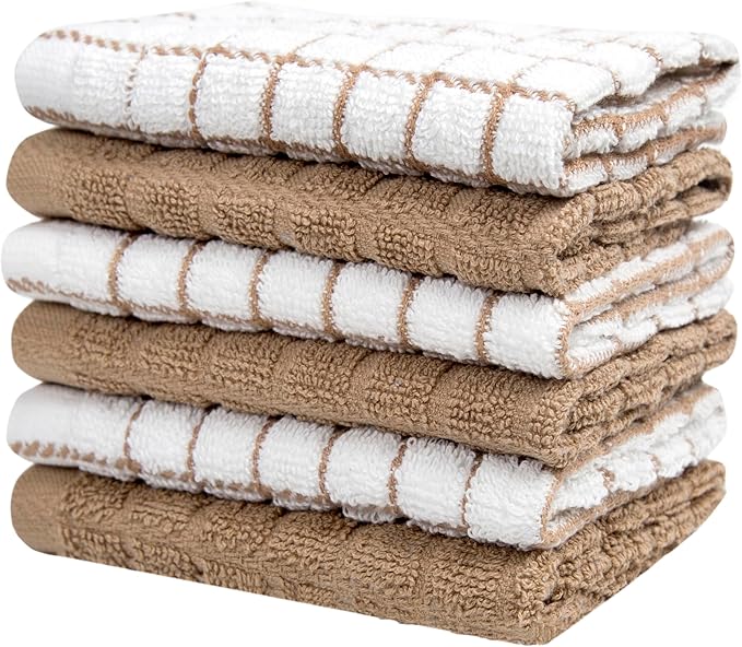 Bumble Premium Cotton Dish Cloths 12" x 12"| Tan Design | 405 GSM | Highly Absorbent & Soft Dish Towels | 100% Natural Ring Spun Cotton Kitchen Towel Set - 6 Pack