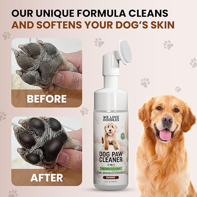 No-Rinse Dog Paw Cleaner with Built-in Silicone Bristle Brush | 3-in-1 Dirty Paw Washer Foaming Foot Cleaner for Muddy Pet Dogs & Cats | Gentle Moisturizing Waterless Shampoo - Coconut | 5 fl oz