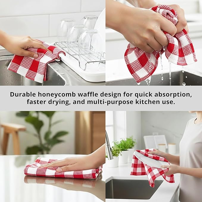 PurpleEssences 100% Cotton Waffle Weave Check Plaid Kitchen Towels, Super Soft and Absorbent Dish Towels for Drying Dishes 15x25-6 Pack - Christmas Holiday Winter - Red and White