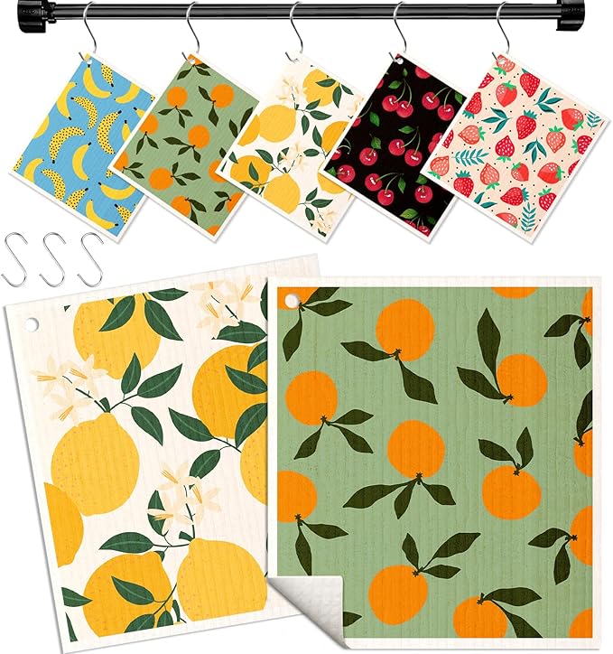 Swedish Dishcloths for Kitchen with Hooks - Reusable Dish Cloths for Washing Dishes Fast Drying Cute Fun 5 Pack Swedish Dish Towels Washable Cleaning Sponge, Fruit