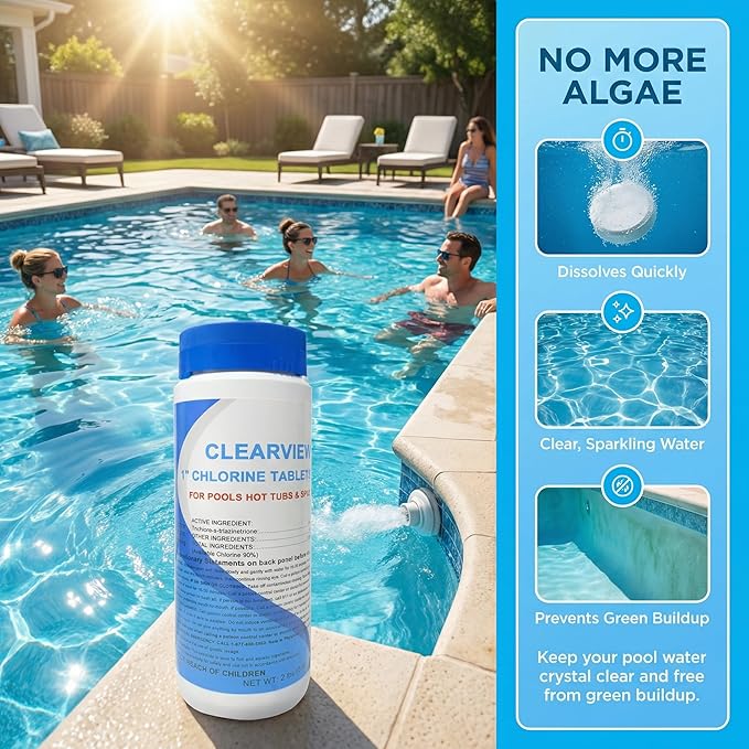 ClearView Stabilized Chlorine Tablets 1 Inch 2 Lbs for Pools, Slow-Dissolving 1" Chlorinating Tablets Sanitizer for Spas and Hot Tubs
