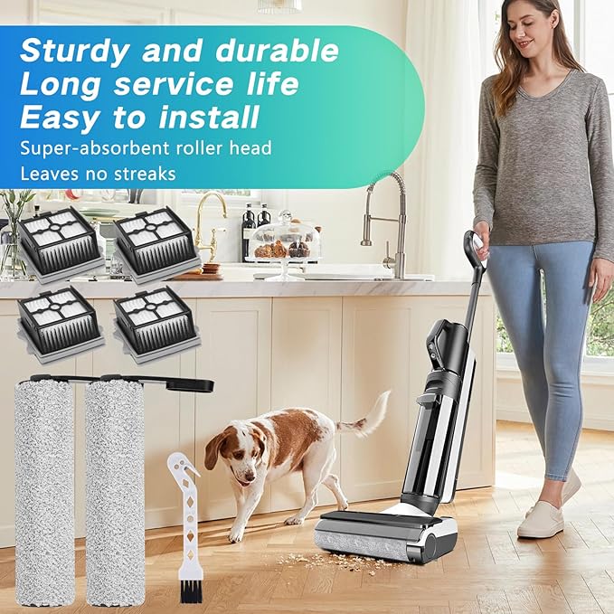Roller Brush and Filters Replacement Parts for Tineco Floor One S5 Combo/S5 Combo Power Kit Cordless Wet Dry Vacuum Cleaner- 2 Roller Brushes + 4 HEPA Filters + 1 Cleaning Brush (7 Pcs)