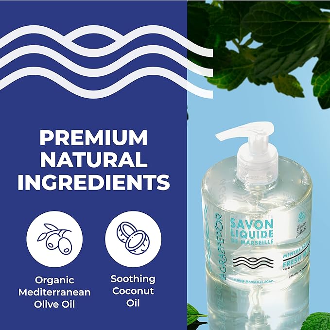 La Grappe d'Or Fresh Mint Marseille Hand Soap with Essential Oils | Handmade in France from Moisturizing Organic Olive & Coconut Oil | Natural, Cruelty-Free & Vegan, 11.10 oz Liquid