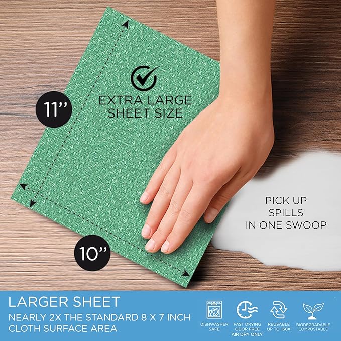 LOLA Swedish Dishcloths for Kitchen XL, 30 Sheet Roll, Biodegradable & Compostable, Reusable Paper Towel Cleaning Cloths, 11" x 10", No Odor, Washing Dishes, Ultra Absorbent Cellulose Sponge Towel