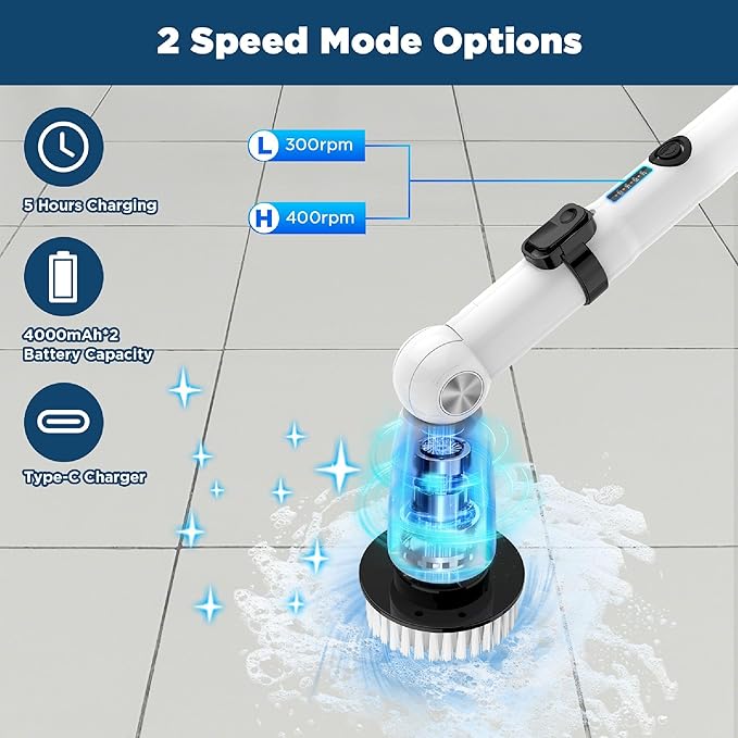 EcoGecko Electric Spin Scrubber, Bathroom Cleaner, Power Shower Cleaning Brush with Extendable Handle & 4 Brush Heads, Dual Speed & USB-C Charging, Shower Scrubber for Bathtub, Tile, and Floor