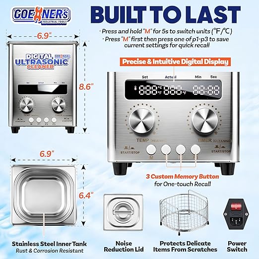 2L Ultrasonic Cleaner, Professional Ultrasonic Cleaner Machine with Timer & Heater, Digital Display & Knob Control, Sonic Cleaning Machine for Parts Labs Jewelry Watch Glasses Cleaning 60W