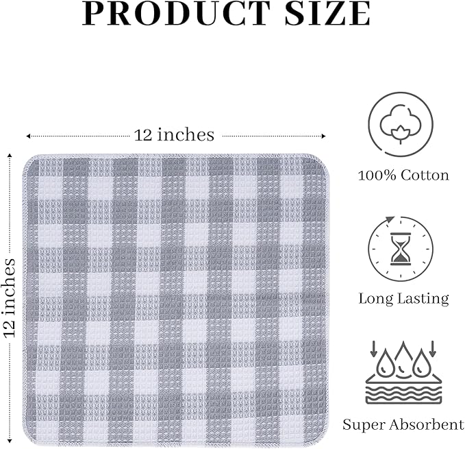 Blue Needles Waffle Weave Check Plaid Dish Cloths, 12x12 Inches 100% Cotton Set of 8 Dish Towels for Kitchen, Ultra Soft & Absorbent Kitchen Towels for Quick Drying Spring Summer - Ash Grey & White