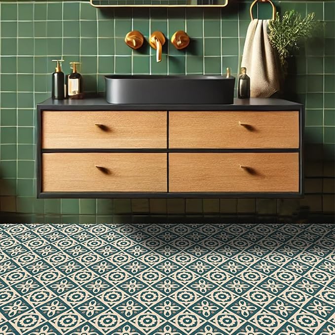 10PCS 12x12 Inch Vintage Heart Floral Pattern PVC Floor Tiles Peel and Stick Removable Self Adhesive Vinyl Flooring Stickers for Bathroom Kitchen Bedroom Home Decor