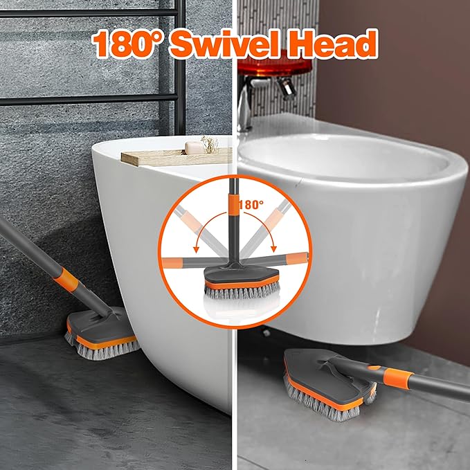 NEWE Shower Cleaner Brush, Tub Tile Scrubber with Telescopic Long Handle 56 inches, 4 Scrub Heads for Cleaning Bathroom Bathtub Floor Baseboard Sink Kitchen Toilet