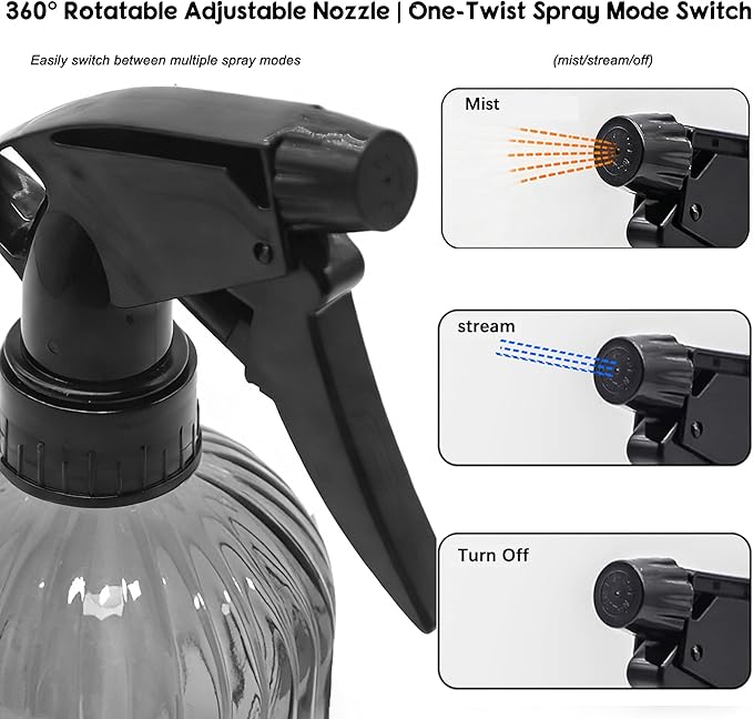 Glass Handheld Spray Bottle, 13.5oz Refillable Plant Mister Bottle 2 Pack, Water Spray Bottle with Adjustable Mist Nozzle for Outdoor Gardening, Indoor Flowers, Cleaning, Hair & Pets Care (Grey)